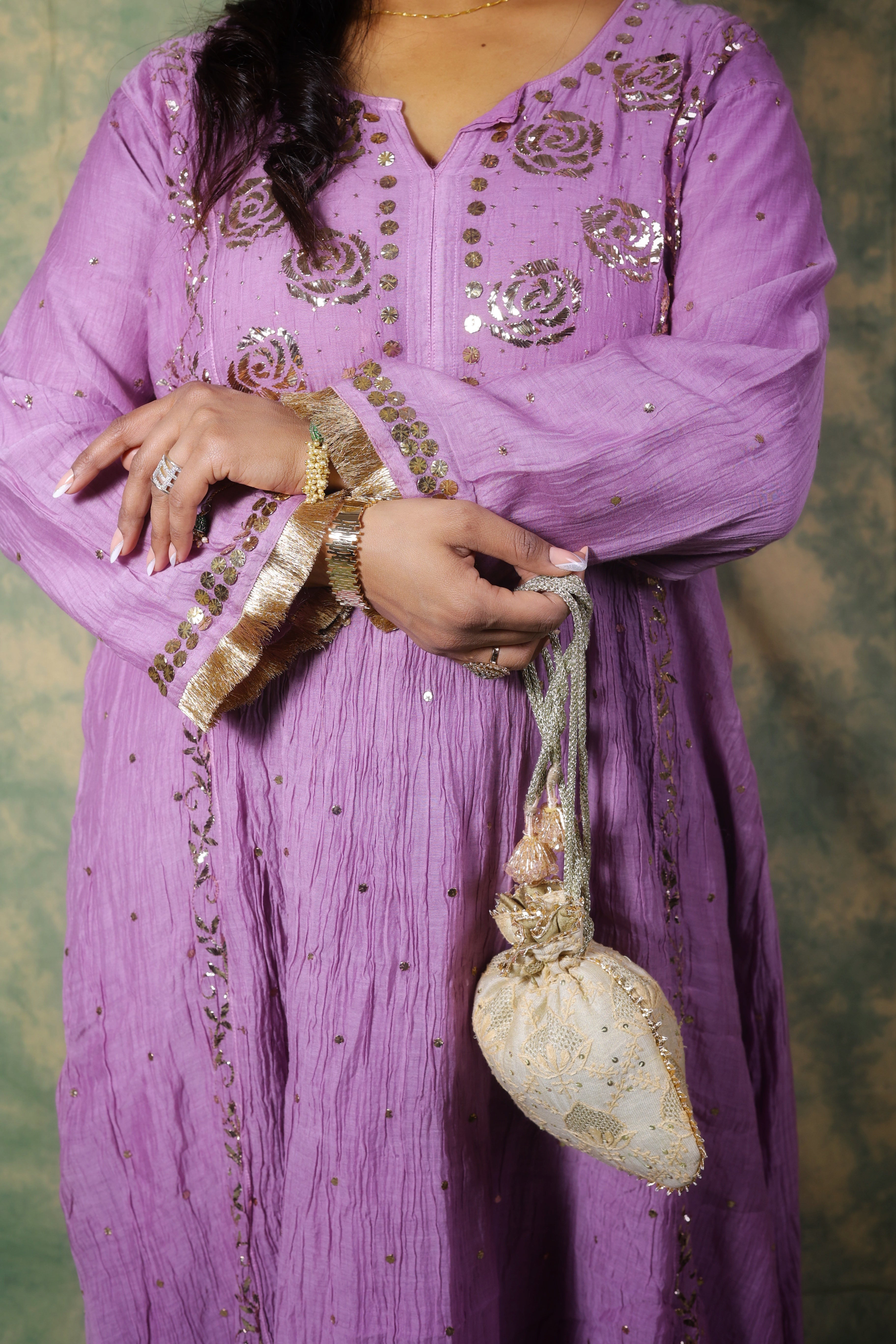 Mul Chanderi Kurta Set with Pitta Work: Lavender Mauve