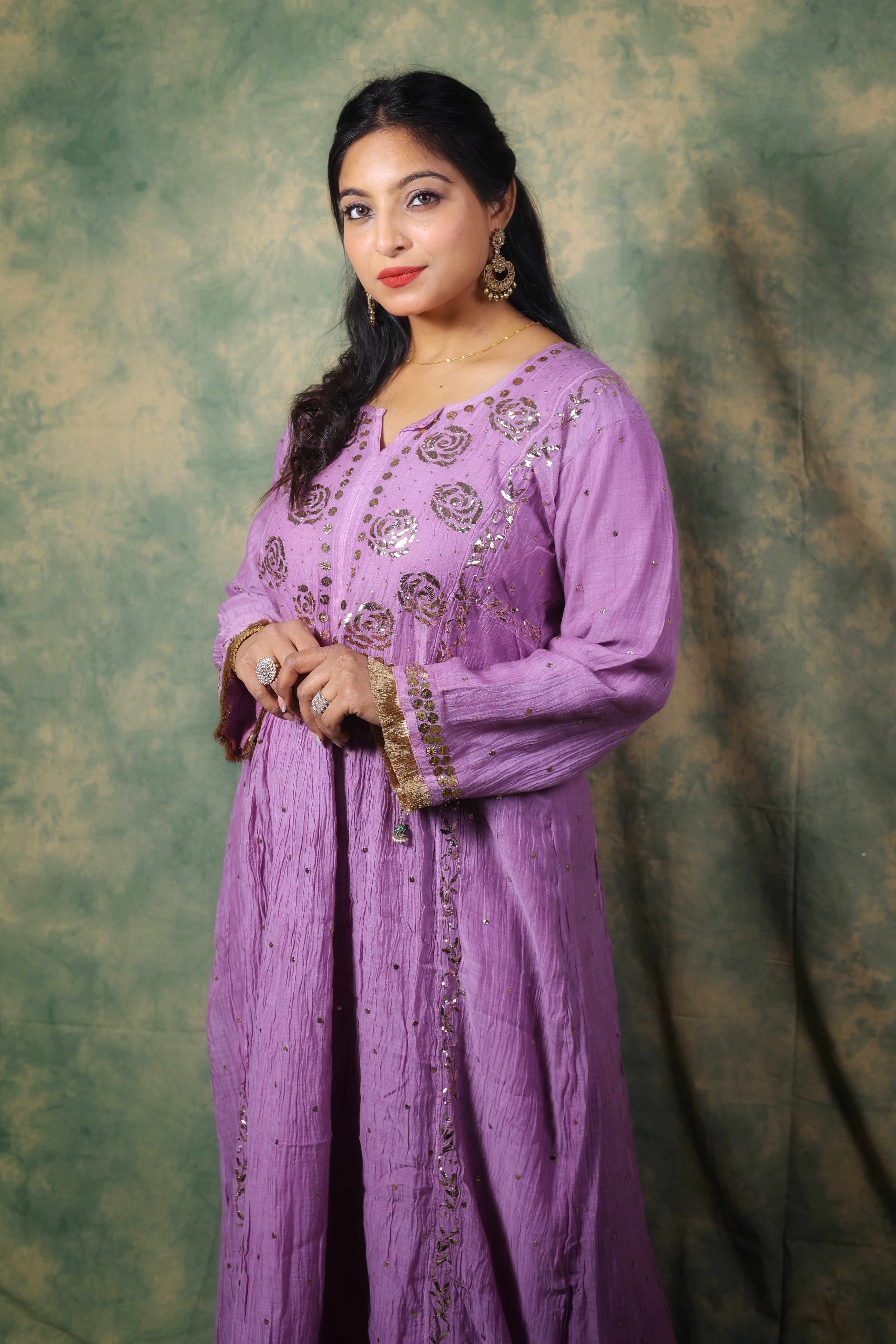 Mul Chanderi Kurta Set with Pitta Work: Lavender Mauve
