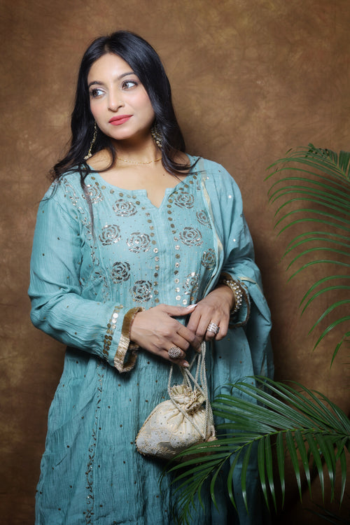 Mul Chanderi Kurta Set with Pitta Work: Dusty Teal Green
