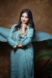 Mul Chanderi Kurta Set with Pitta Work: Dusty Teal Green