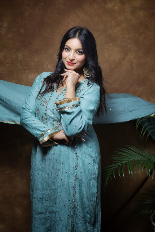 Mul Chanderi Kurta Set with Pitta Work: Dusty Teal Green
