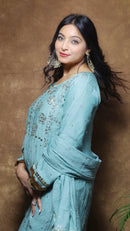 Mul Chanderi Kurta Set with Pitta Work: Dusty Teal Green