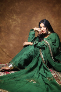 Mul Chanderi and Organza Silk Pitta Work Set in Dark Forest Green