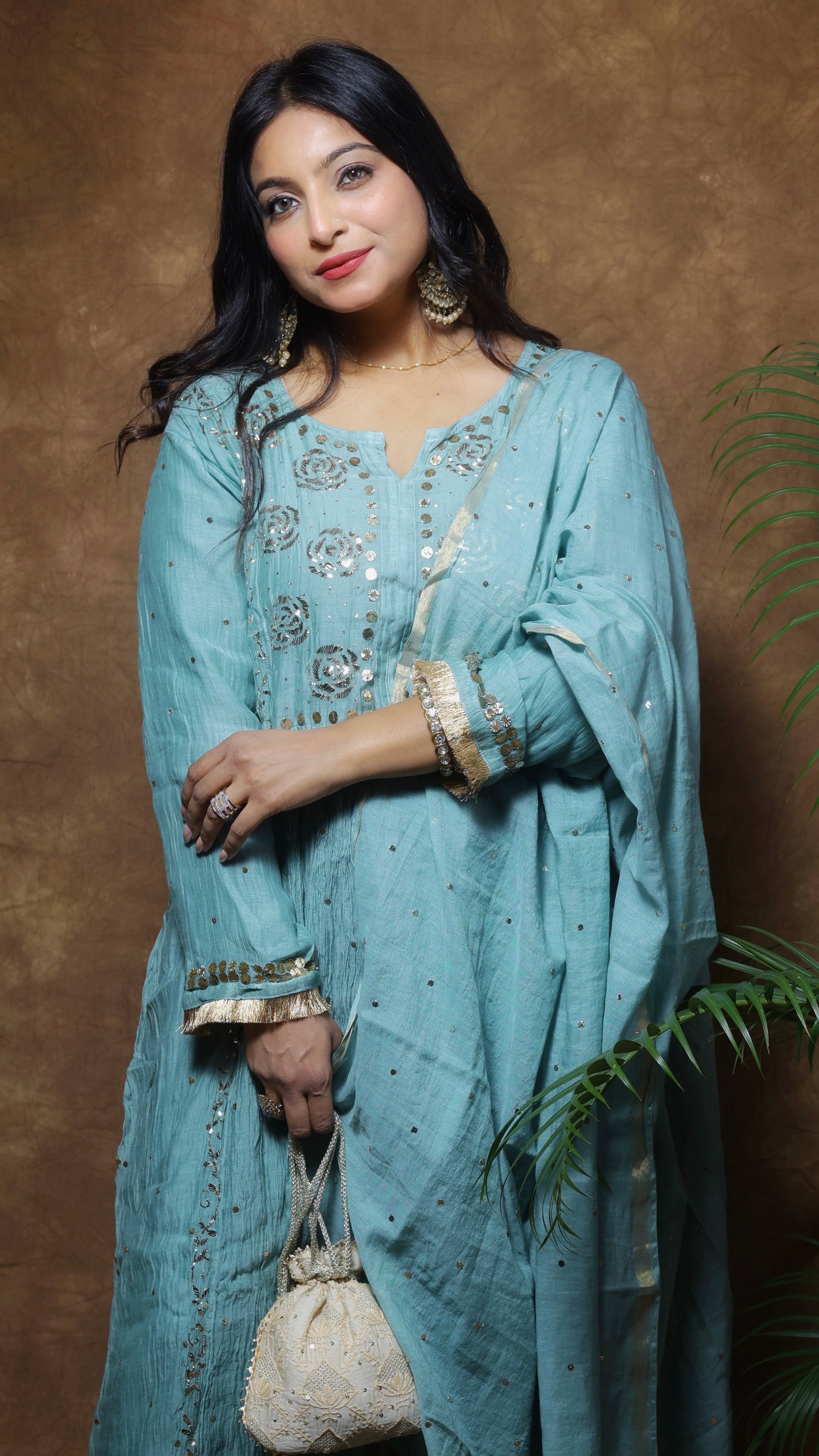 Mul Chanderi Kurta Set with Pitta Work: Dusty Teal Green