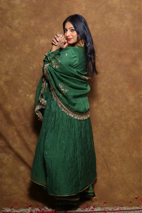 Mul Chanderi and Organza Silk Pitta Work Set in Dark Forest Green