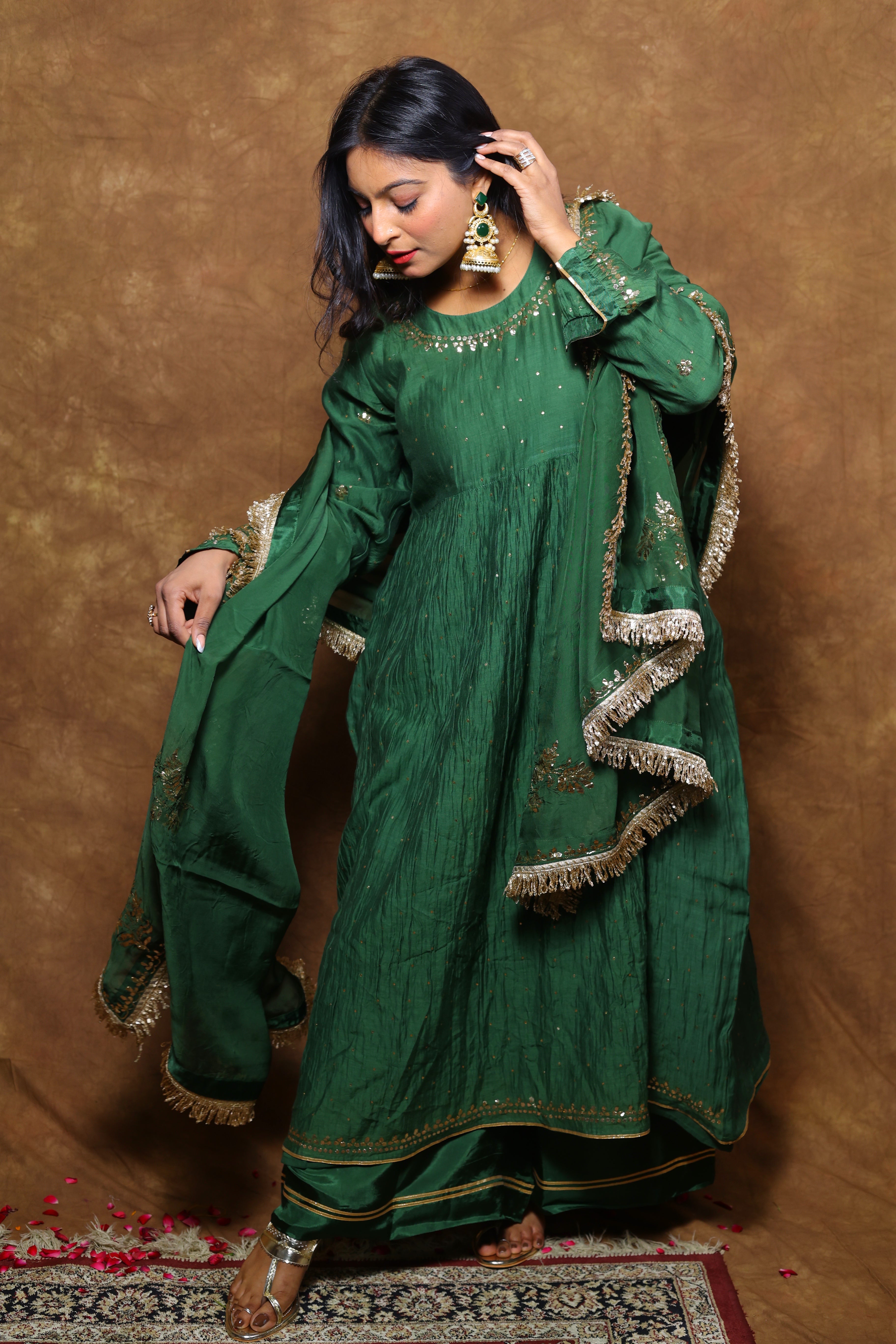 Mul Chanderi and Organza Silk Pitta Work Set in Dark Forest Green