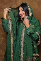 Mul Chanderi and Organza Silk Pitta Work Set in Dark Forest Green