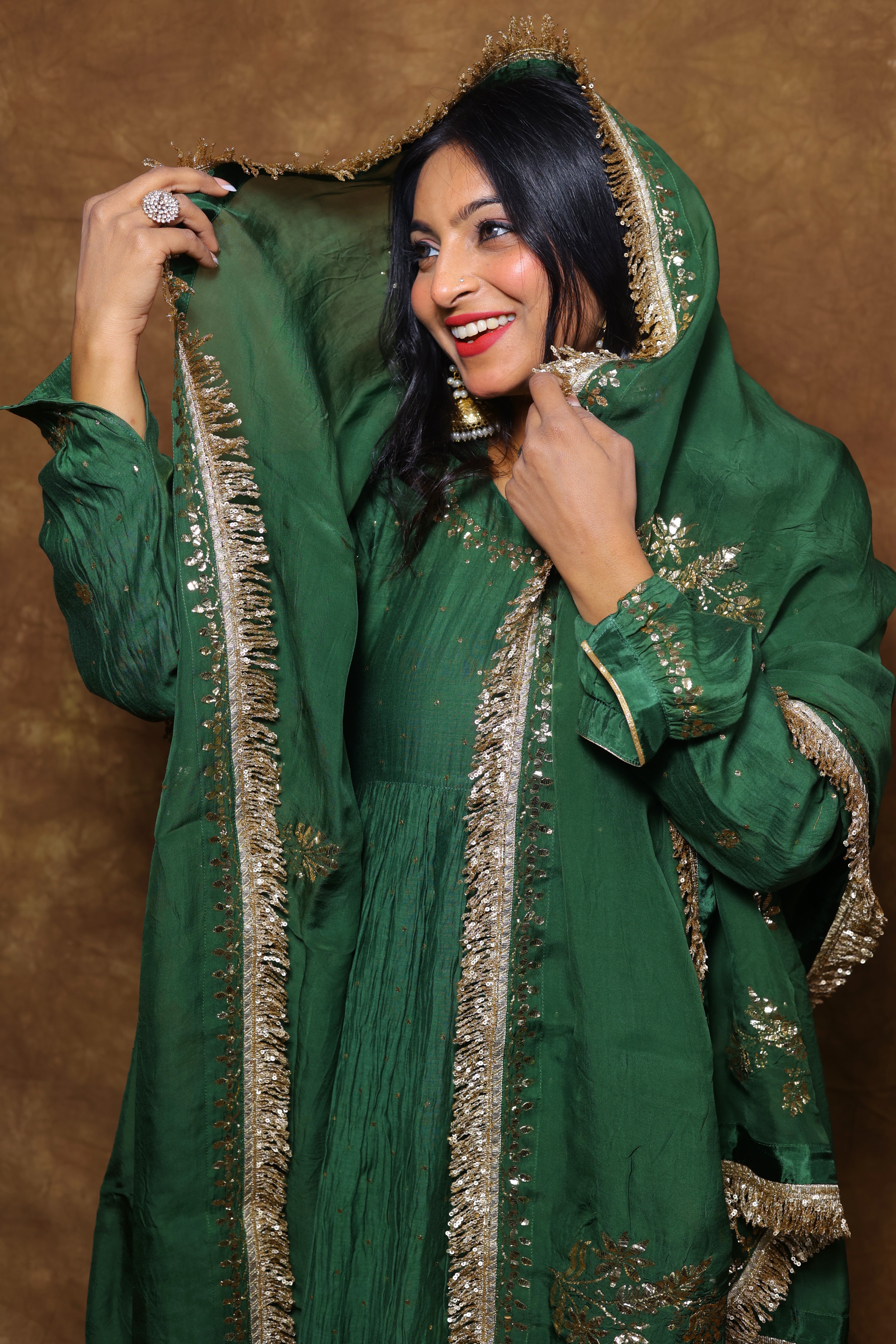 Mul Chanderi and Organza Silk Pitta Work Set in Dark Forest Green