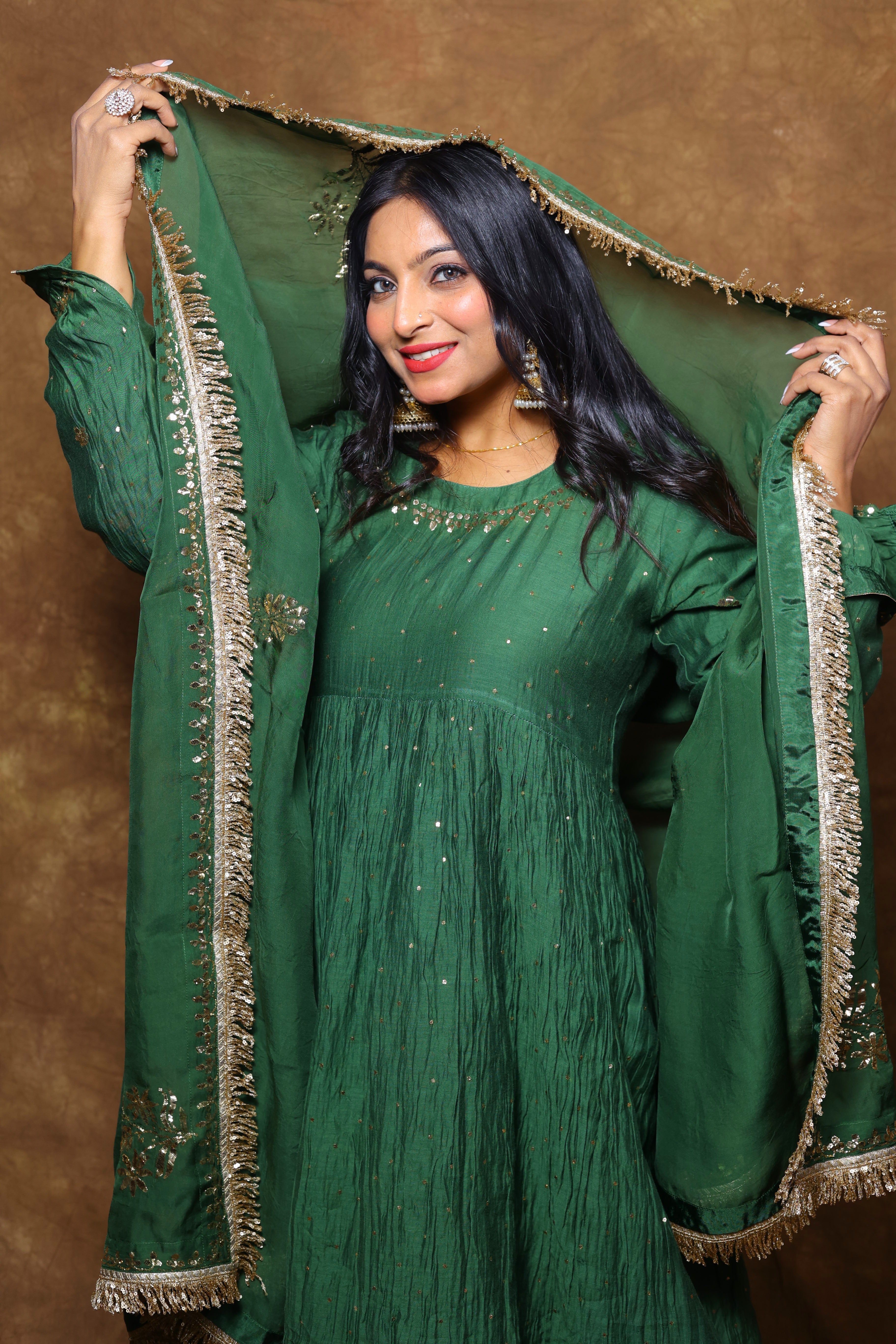 Mul Chanderi and Organza Silk Pitta Work Set in Dark Forest Green