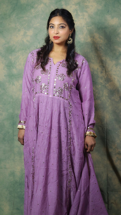 Mul Chanderi Kurta Set with Pitta Work: Lavender Mauve