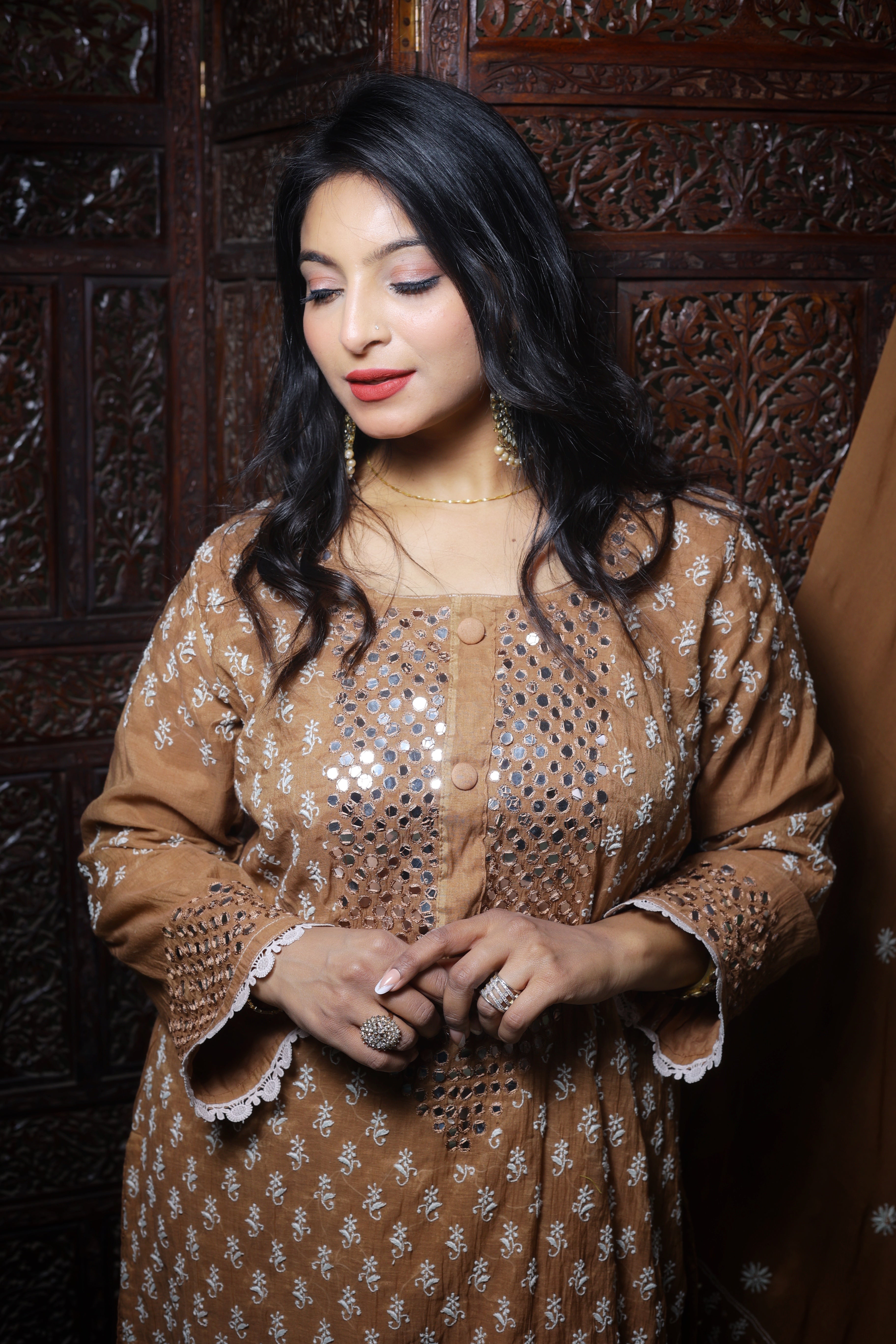 Mul Chanderi Ready to Wear Chikankari Set: Chocolate Brown