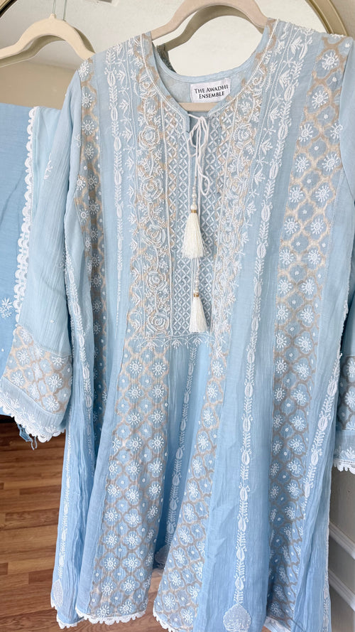 Mul Chanderi Ready to Wear Short Anarkali: Powder Blue