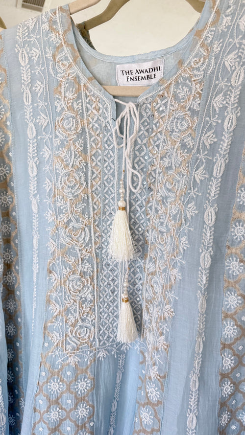 Mul Chanderi Ready to Wear Short Anarkali: Powder Blue