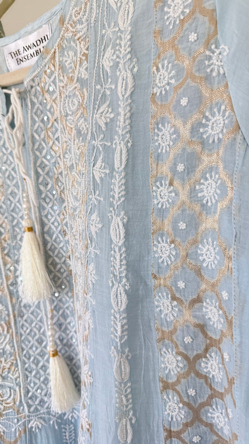 Mul Chanderi Ready to Wear Short Anarkali: Powder Blue