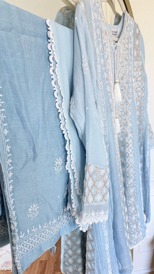 Mul Chanderi Ready to Wear Short Anarkali: Powder Blue