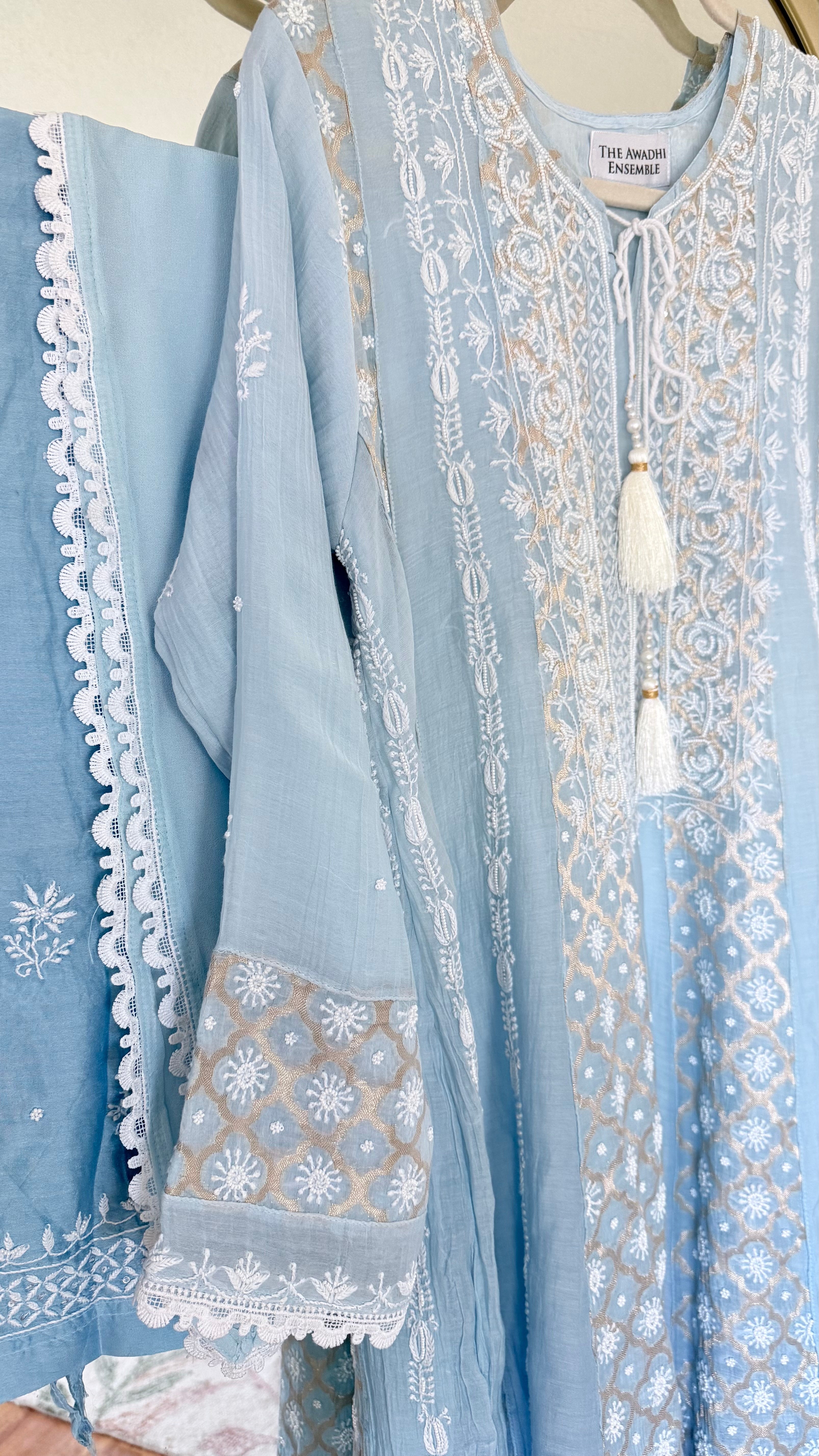 Mul Chanderi Ready to Wear Short Anarkali: Powder Blue