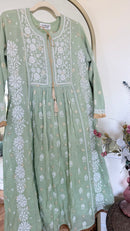 Mul Chanderi Gown Style Chikankari Set with Banarasi Weaving- Light Green