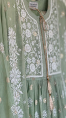 Mul Chanderi Gown Style Chikankari Set with Banarasi Weaving- Light Green