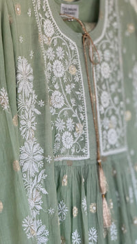 Mul Chanderi Gown Style Chikankari Set with Banarasi Weaving- Light Green
