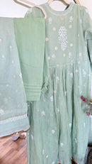 Mul Chanderi Gown Style Chikankari Set with Banarasi Weaving- Light Green