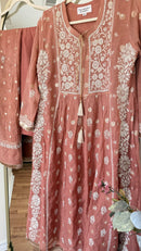 Mul Chanderi Gown Style Chikankari Set with Banarasi Weaving- Ombre Chocolate