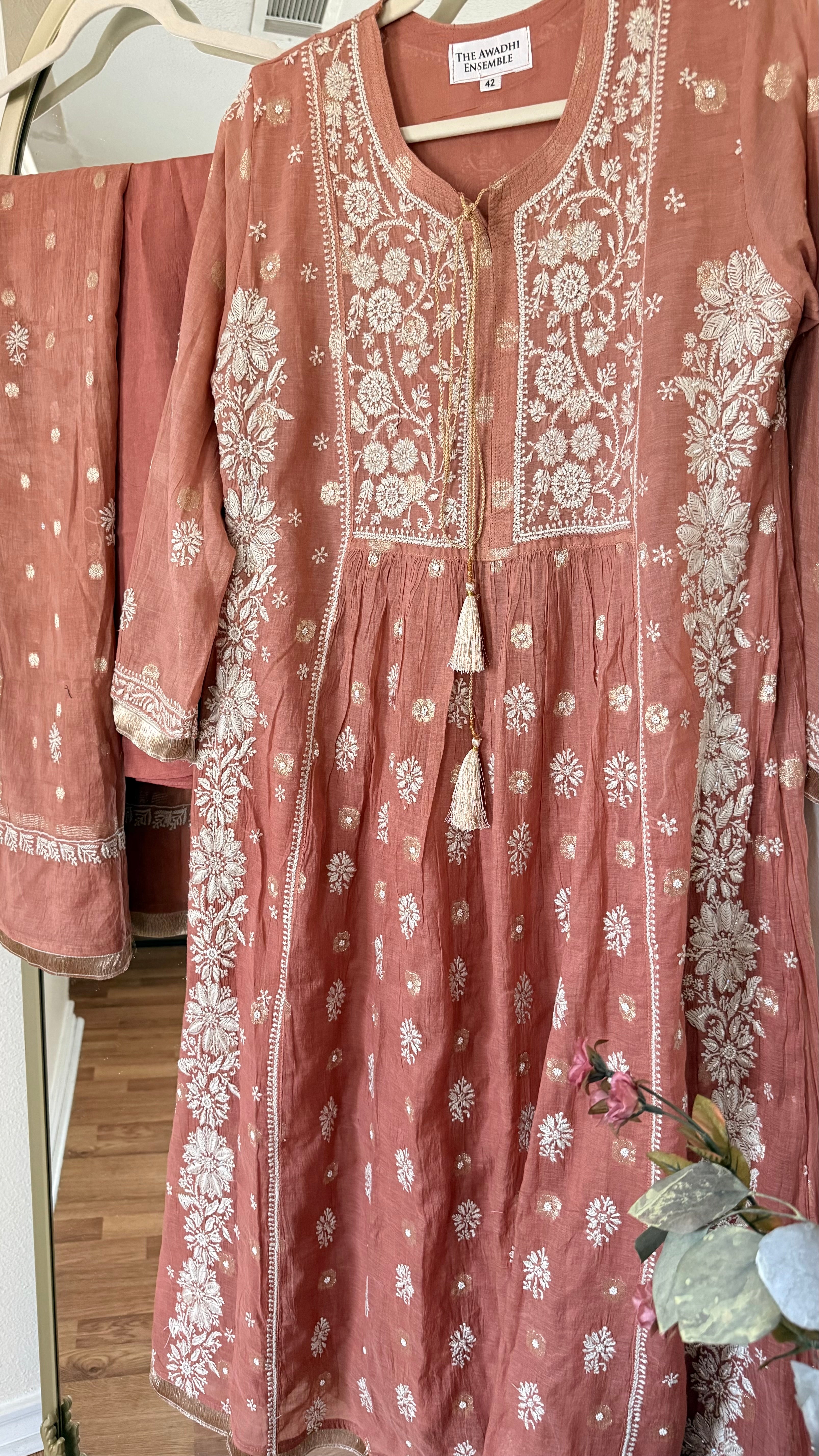 Mul Chanderi Gown Style Chikankari Set with Banarasi Weaving- Ombre Chocolate