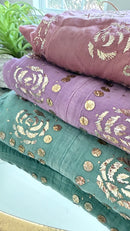 Mul Chanderi Kurta Set with Pitta Work: Dusty Teal Green