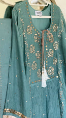 Mul Chanderi Kurta Set with Pitta Work: Dusty Teal Green