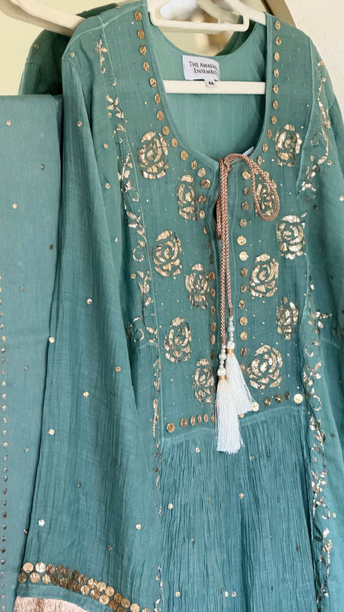 Mul Chanderi Kurta Set with Pitta Work: Dusty Teal Green