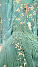 Mul Chanderi Kurta Set with Pitta Work: Dusty Teal Green