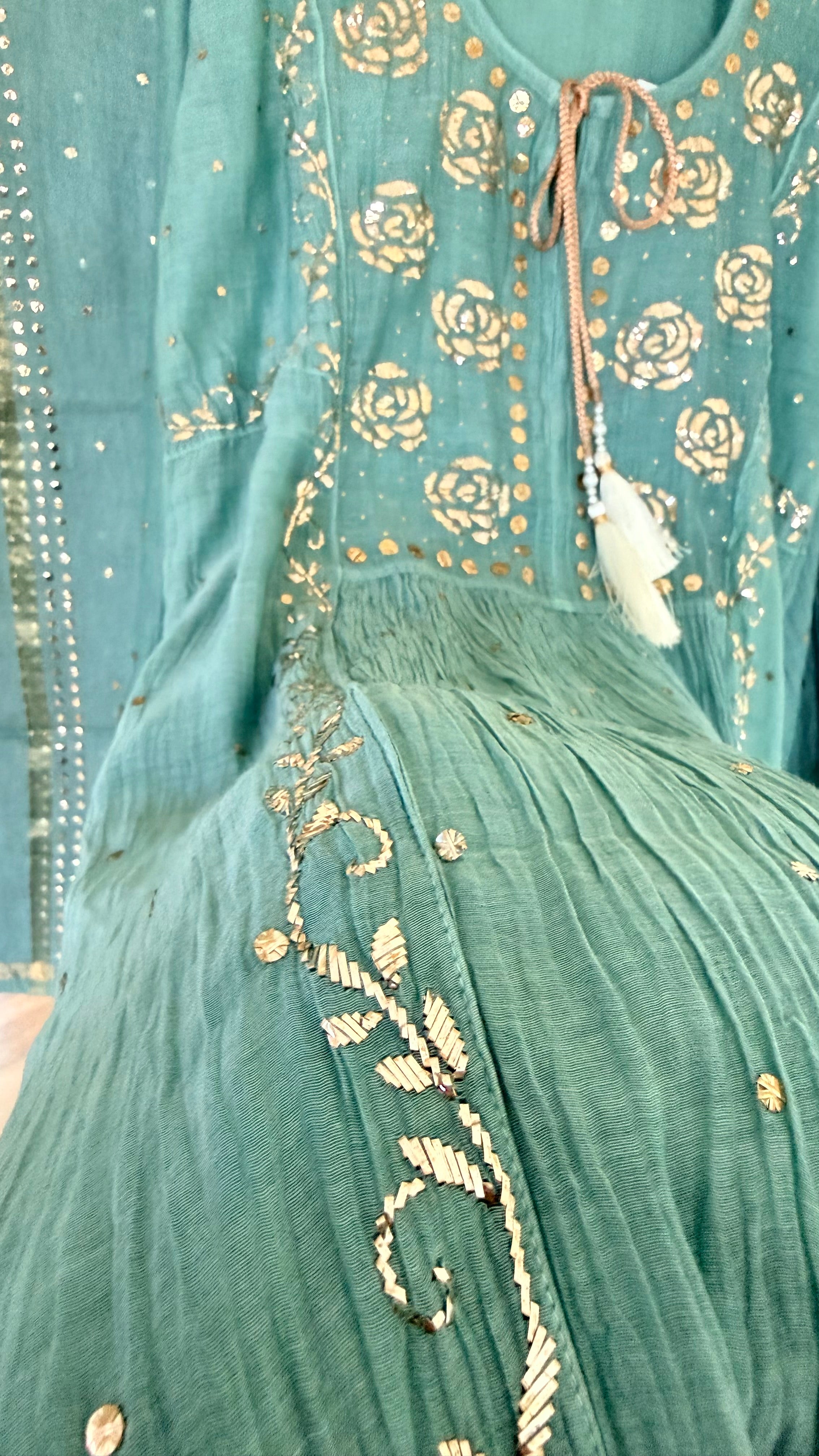 Mul Chanderi Kurta Set with Pitta Work: Dusty Teal Green