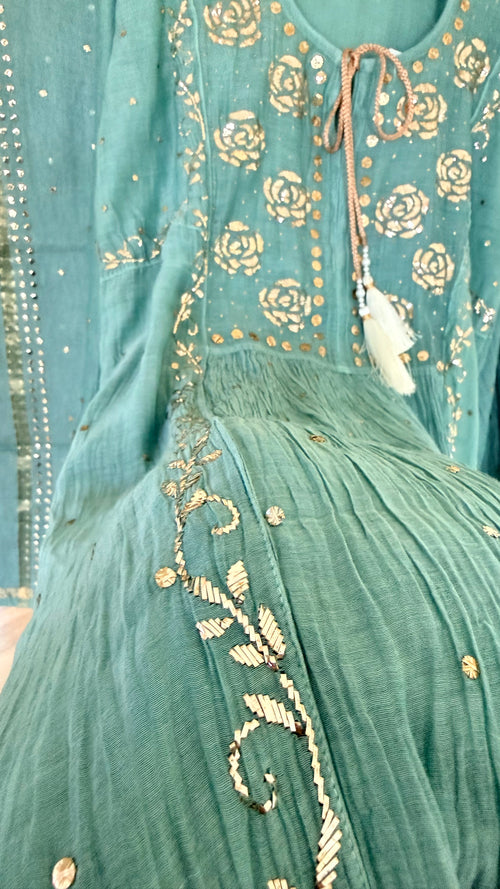 Mul Chanderi Kurta Set with Pitta Work: Dusty Teal Green