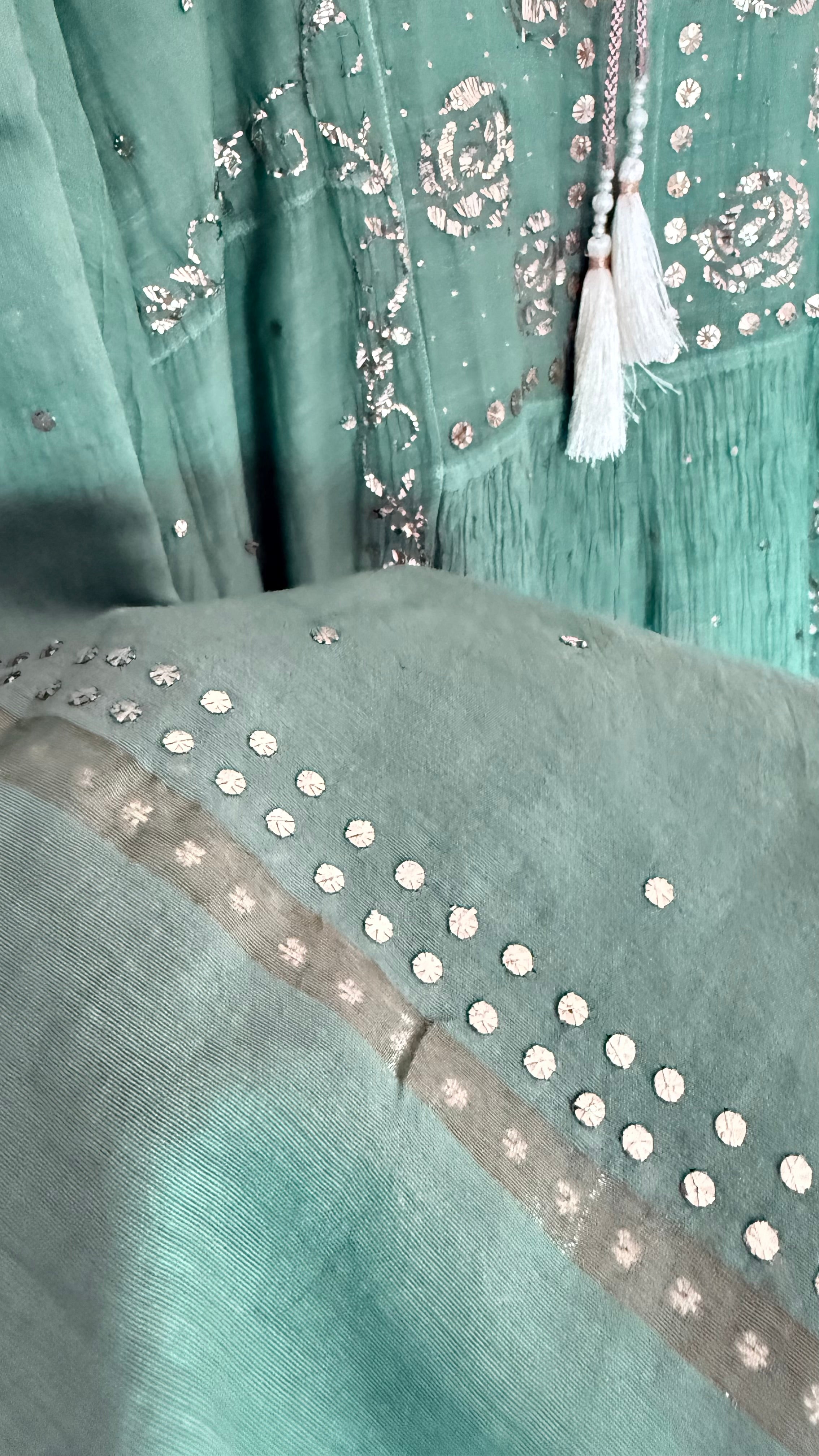 Mul Chanderi Kurta Set with Pitta Work: Dusty Teal Green