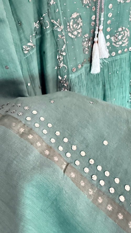 Mul Chanderi Kurta Set with Pitta Work: Dusty Teal Green