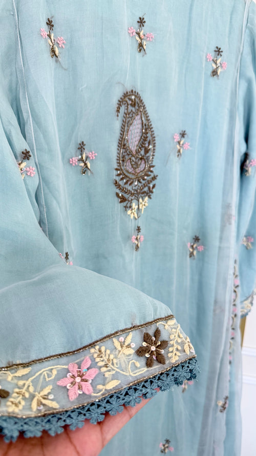 Pure Organza Silk Anarkali Set: Blue