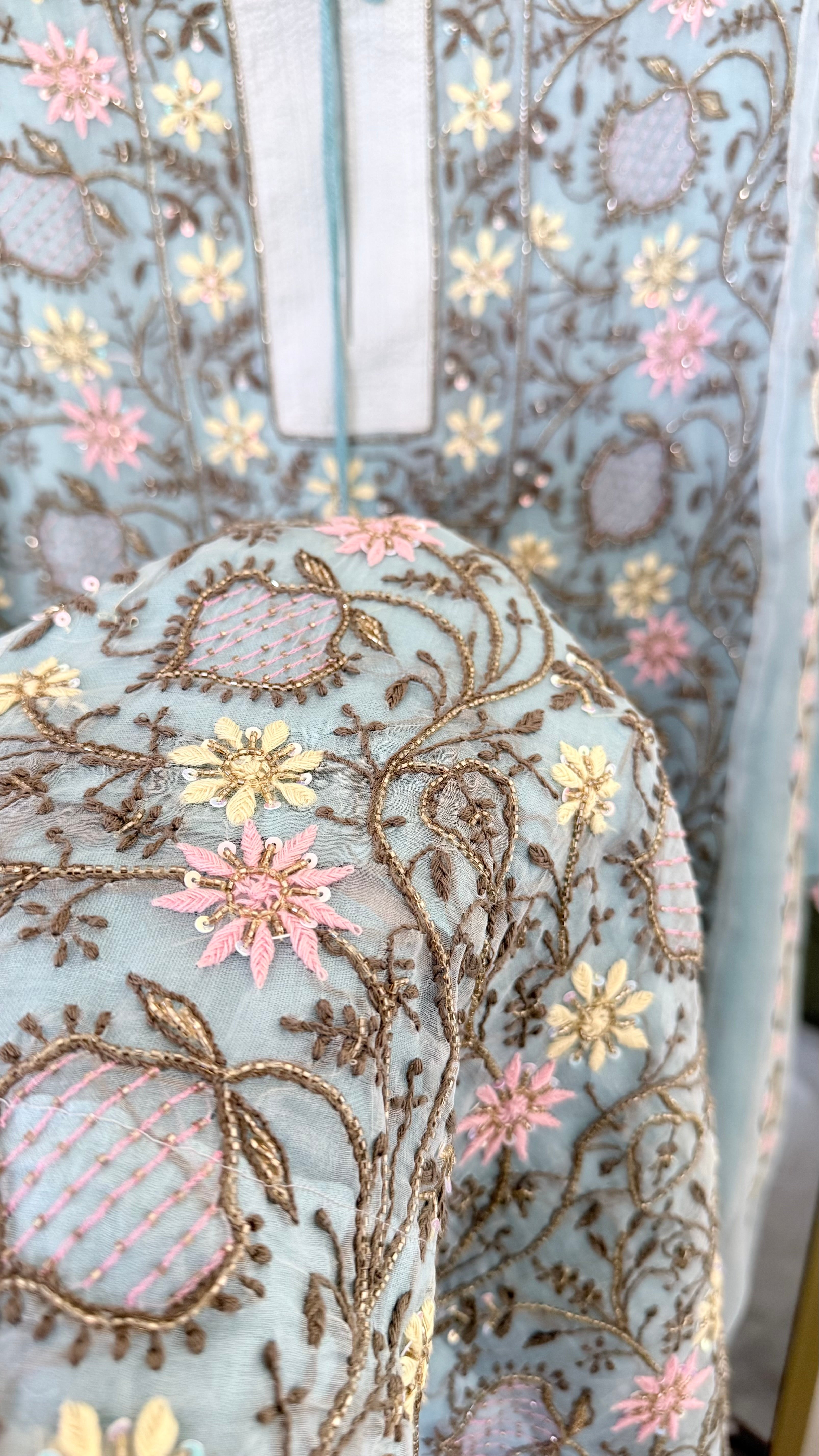 Pure Organza Silk Anarkali Set: Blue