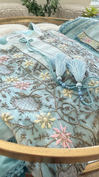 Pure Organza Silk Anarkali Set: Blue