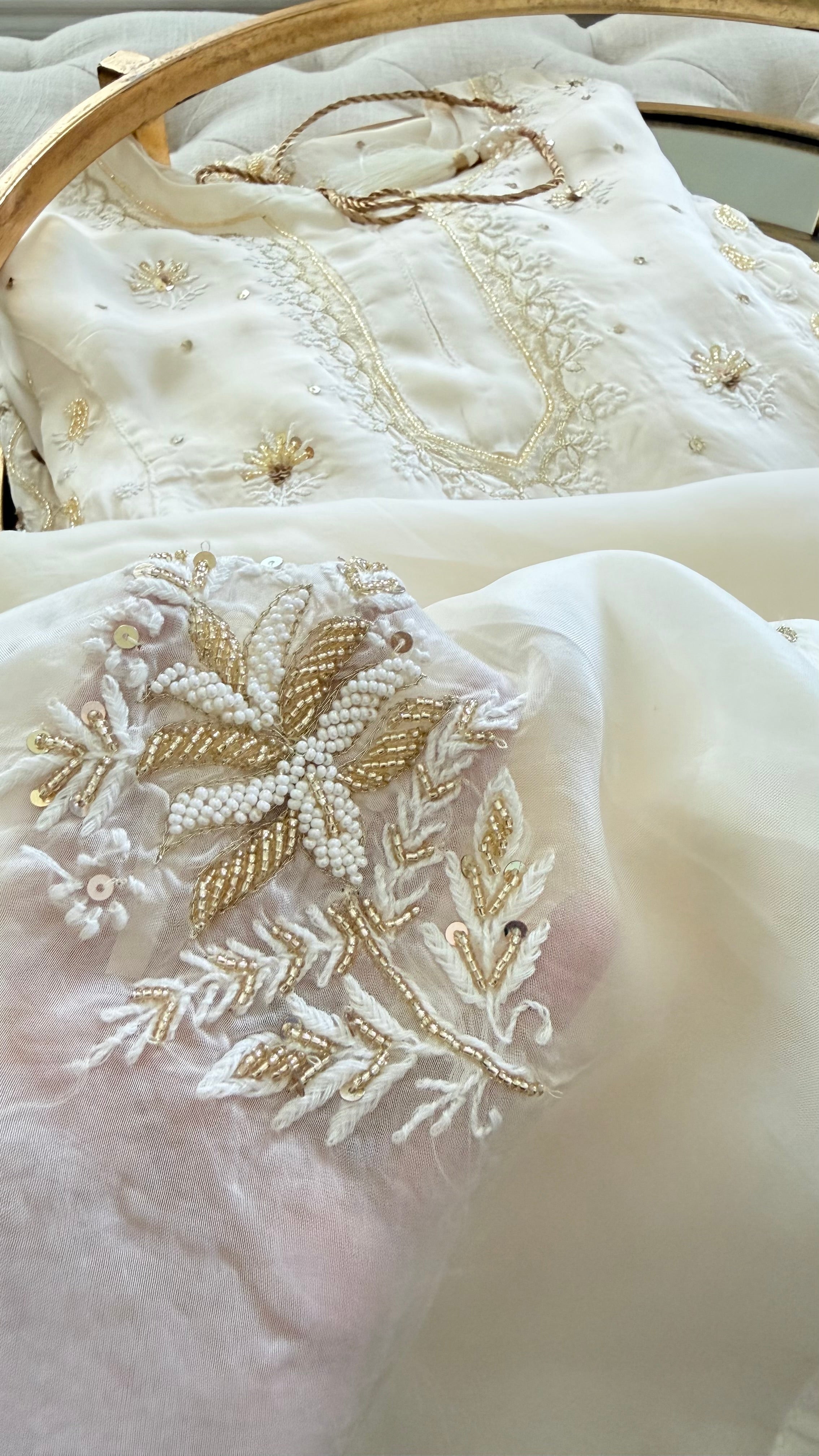 Organza Silk Ready to Wear Anarkali in Ivory & Gold