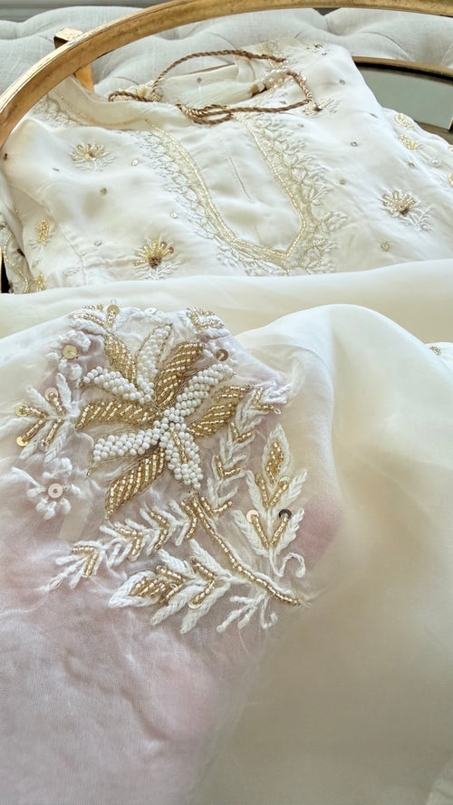 Organza Silk Ready to Wear Anarkali in Ivory & Gold