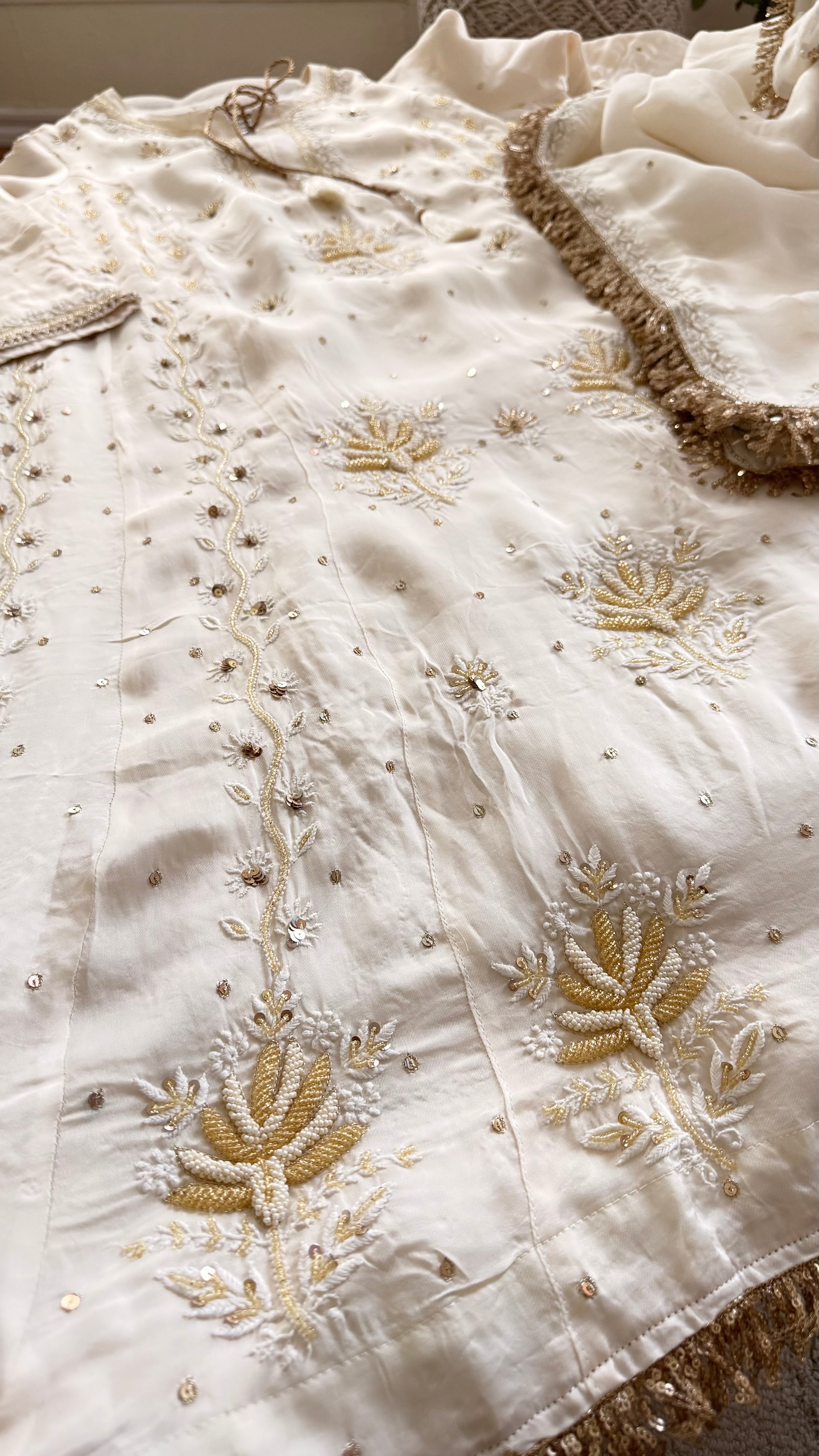 Organza Silk Ready to Wear Anarkali in Ivory & Gold