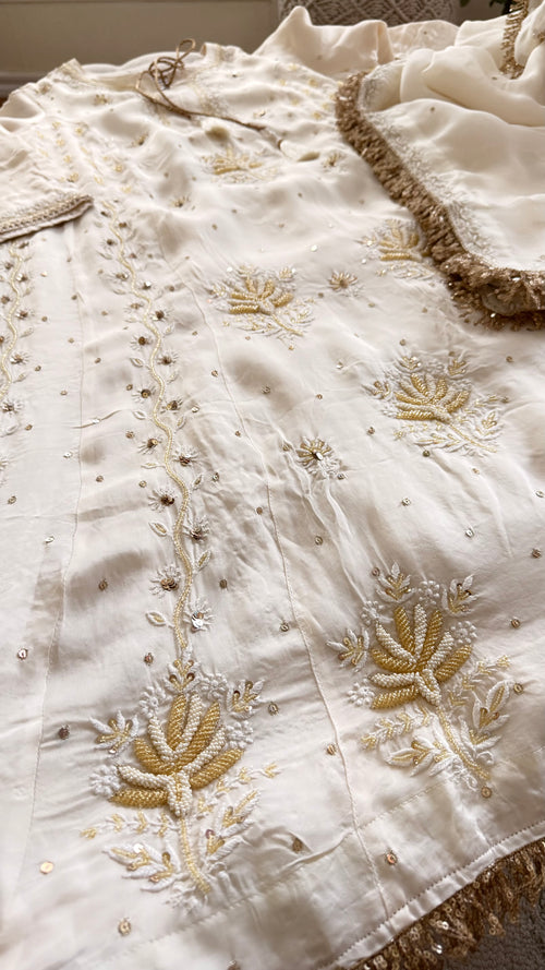 Organza Silk Ready to Wear Anarkali in Ivory & Gold