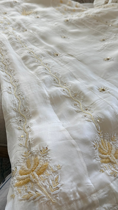 Organza Silk Ready to Wear Anarkali in Ivory & Gold