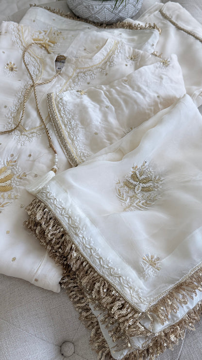 Organza Silk Ready to Wear Anarkali in Ivory & Gold