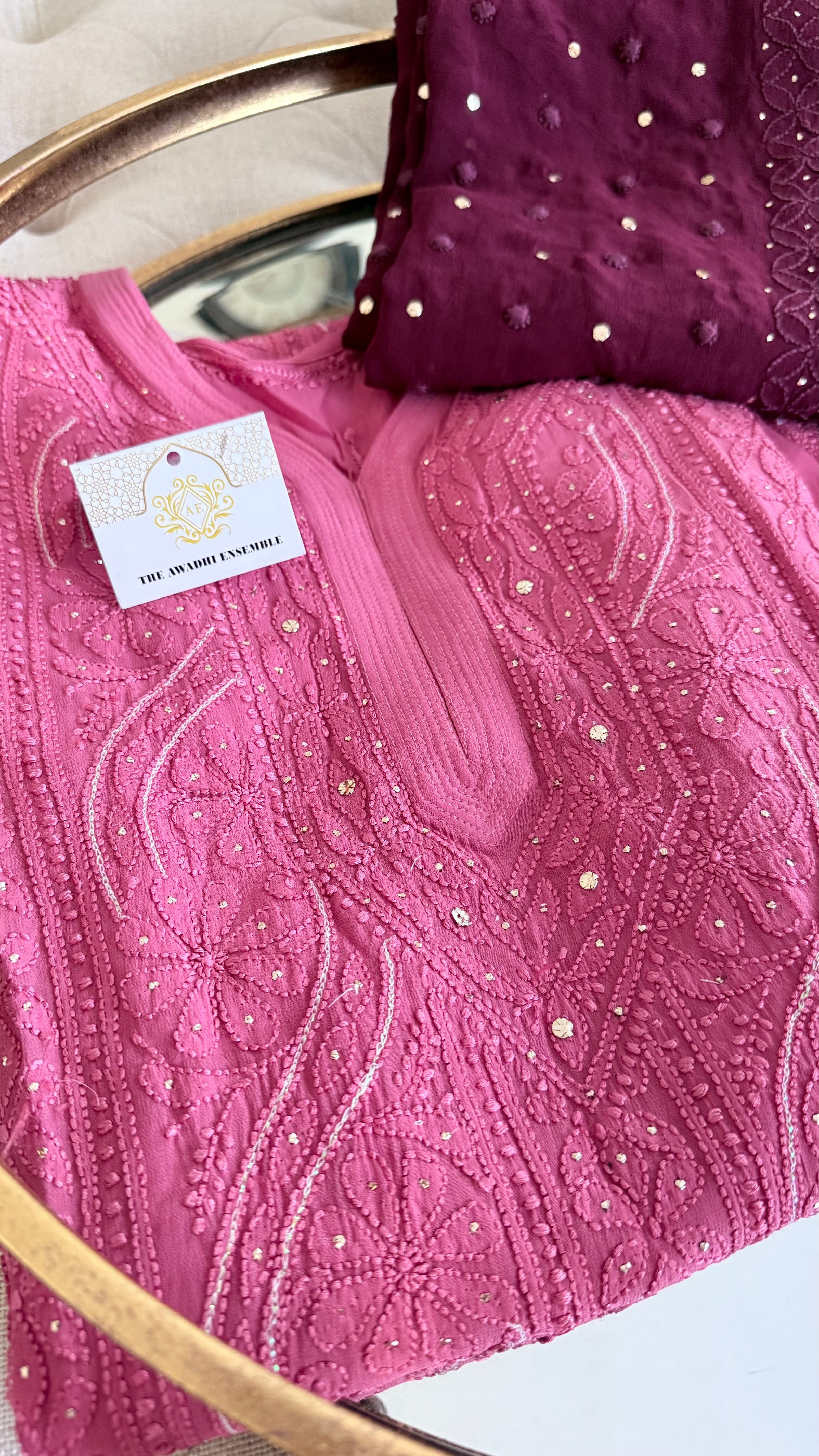 Viscose Georgette Ready to Wear Set: Tea Pink & Maroon