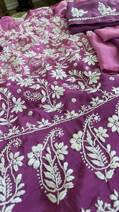 Crepe Silk 3 piece Ready to Wear Set: Purple Ombre