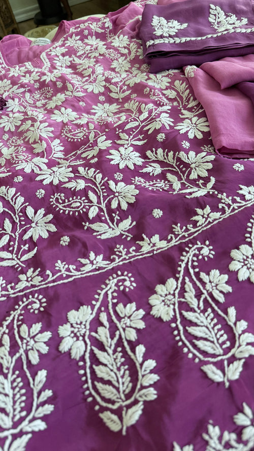 Crepe Silk 3 piece Ready to Wear Set: Purple Ombre