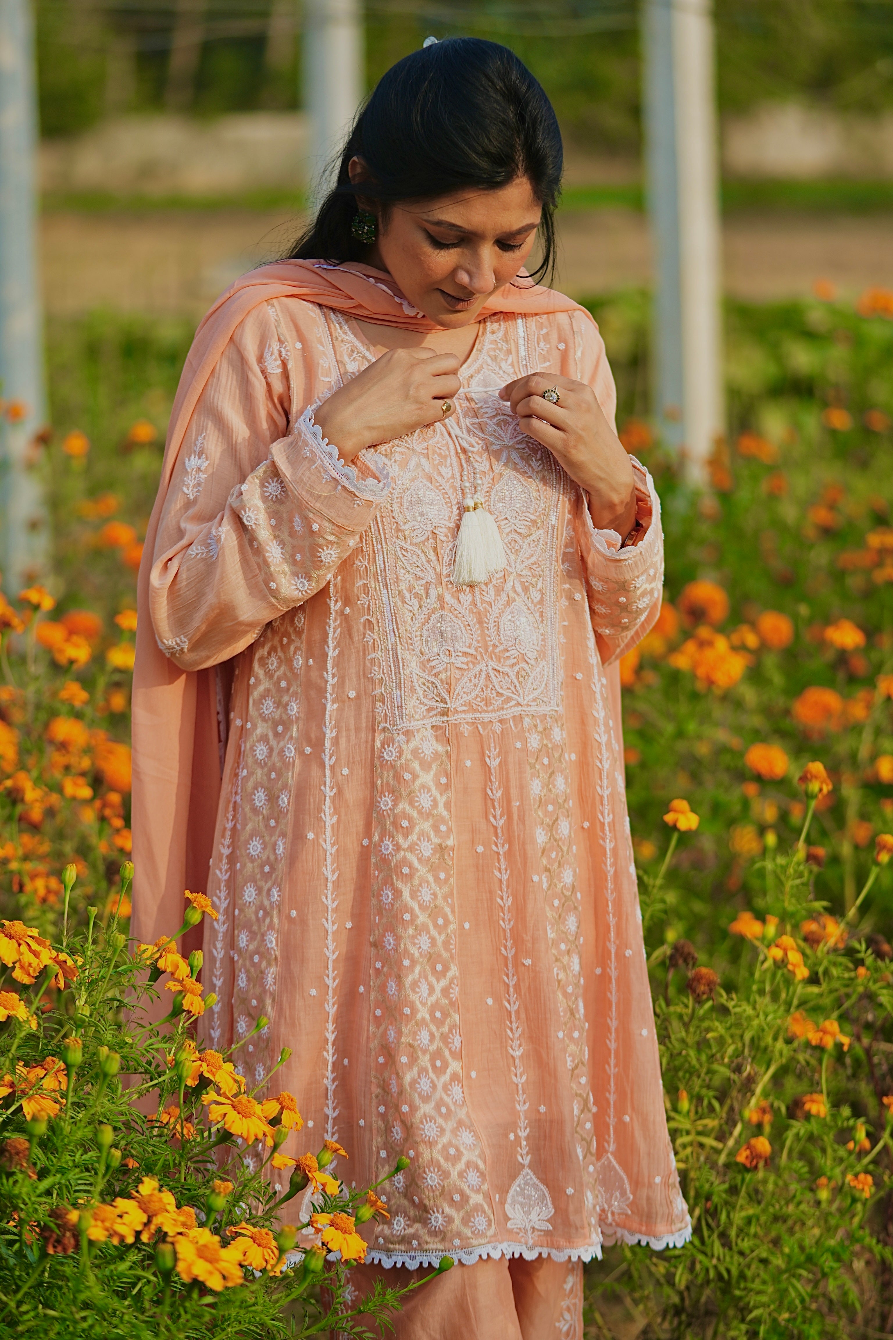 Mul Chanderi Short Anarkali: Peach