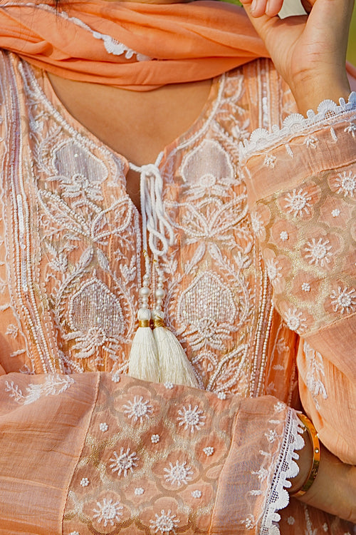 Mul Chanderi Ready to Wear Short Anarkali: Powder Blue