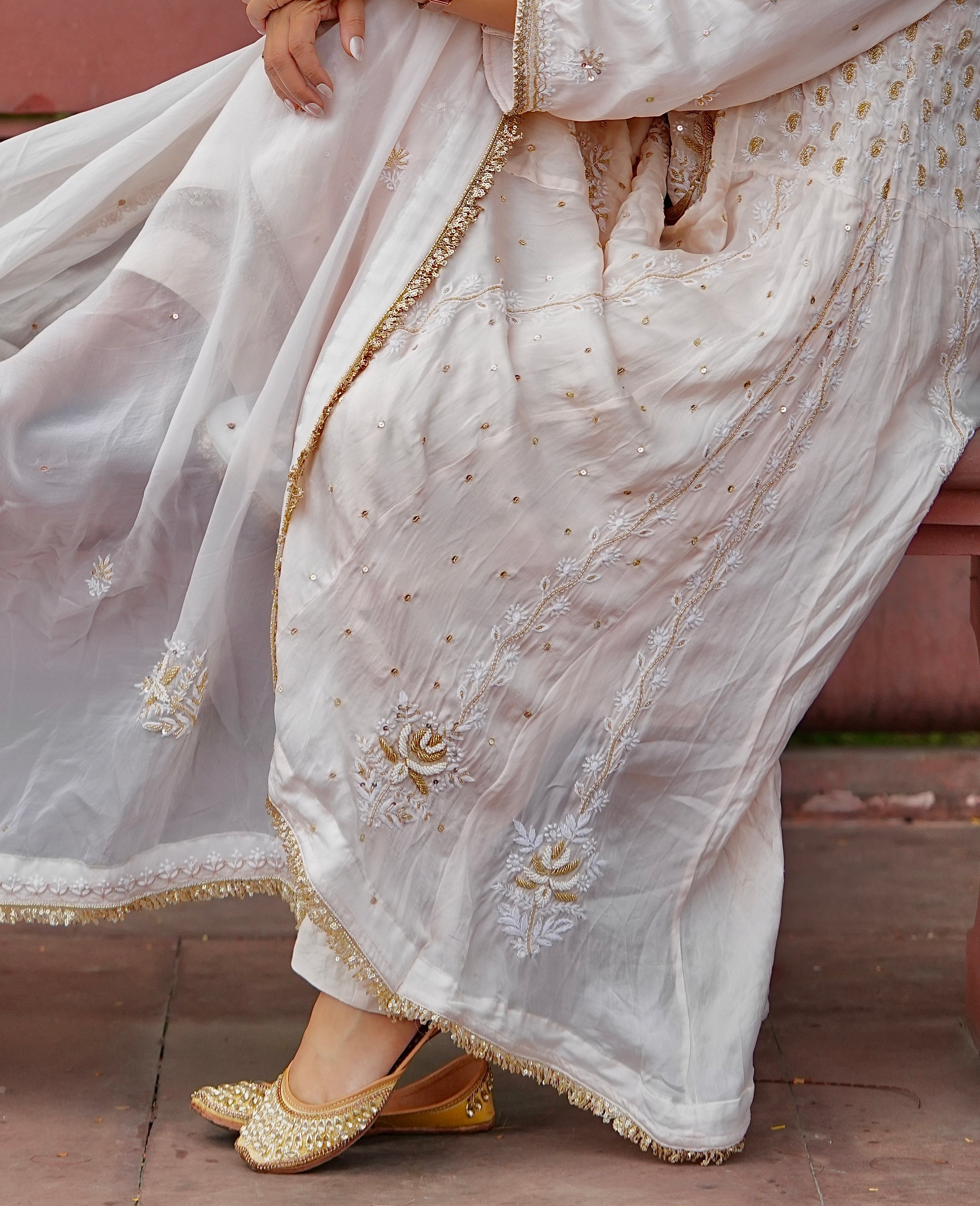 Organza Silk Ready to Wear Anarkali in Ivory & Gold