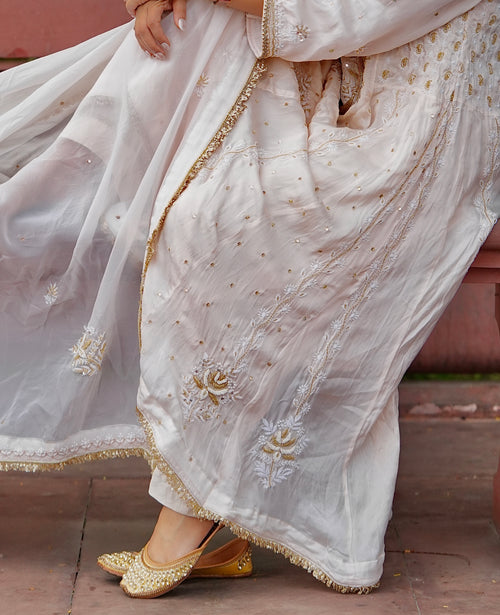 Organza Silk Ready to Wear Anarkali in Ivory & Gold